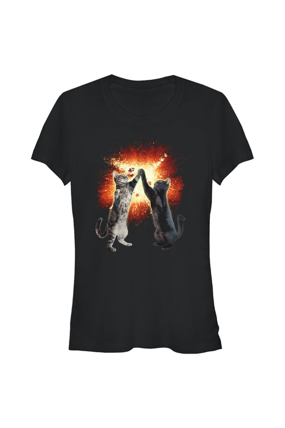 Junior's Lost Gods Cat High Five Explosion  Graphic Tee Black Medium