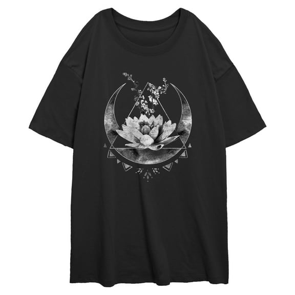 Junior's Lost Gods Celestial Moon Lotus Flower Grayscale Graphic Oversized T-Shirt