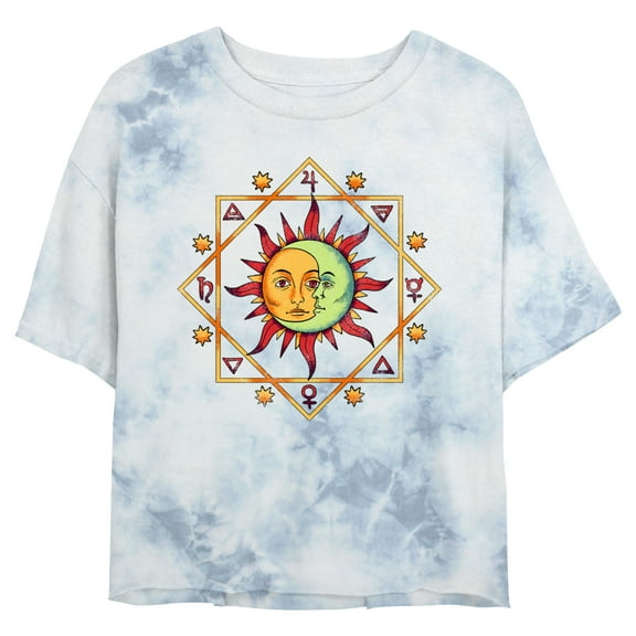 Junior's Lost Gods Celestial Moon Sun Face Crop Graphic Tee White/Blue Small