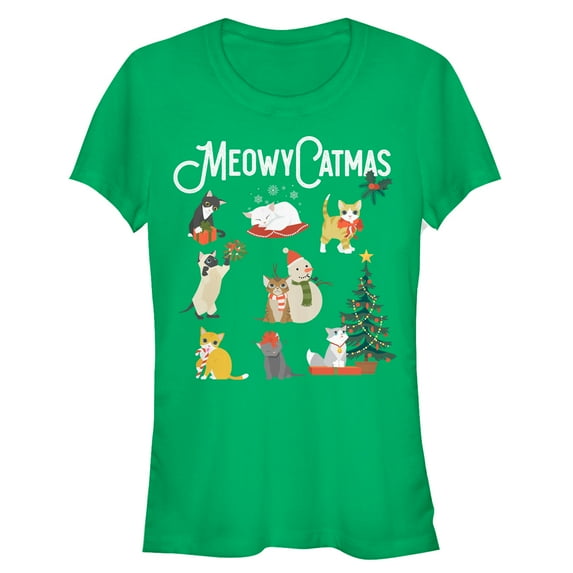 Junior's Lost Gods Christmas Cat Collage Graphic Tee Kelly Green Large