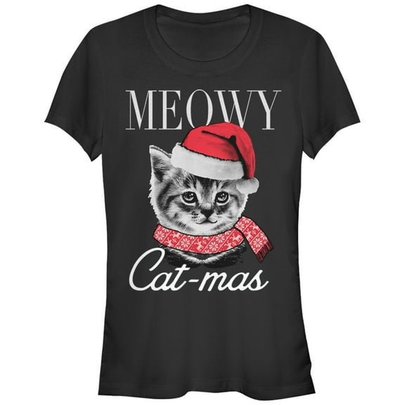 Junior's Lost Gods Christmas Cat Meowy Catmas Graphic Tee Black Small