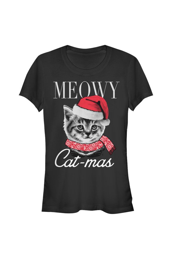 Junior's Lost Gods Christmas Cat Meowy Catmas Graphic Tee Black Small