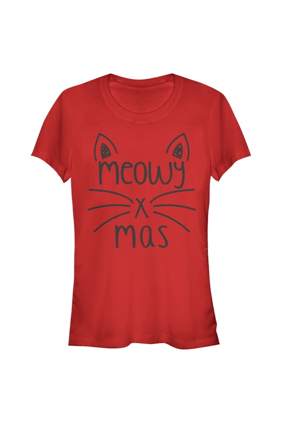 Junior's Lost Gods Christmas Cat Meowy Graphic Tee Red Small