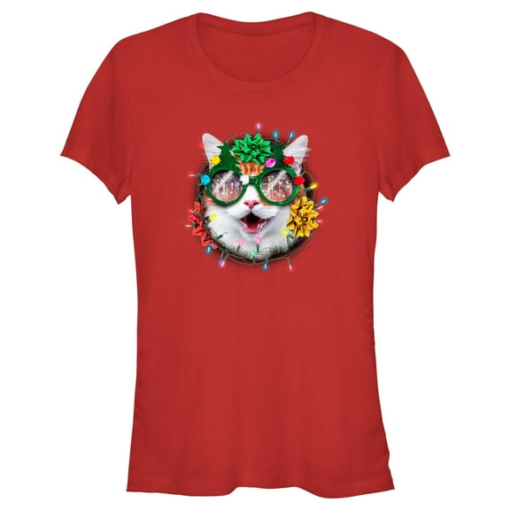 Junior's Lost Gods Christmas Cat Wreath  Graphic Tee Red 2X Large