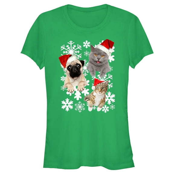 Junior's Lost Gods Christmas Cat and Dog Snowflake Adventure Graphic Tee Kelly Green Medium