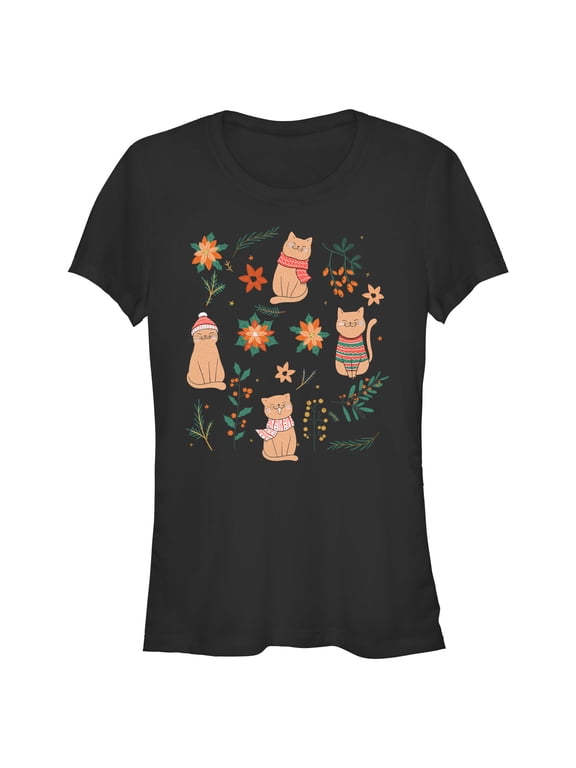 Junior's Lost Gods Christmas Floral Cats Graphic Tee Black 2X Large
