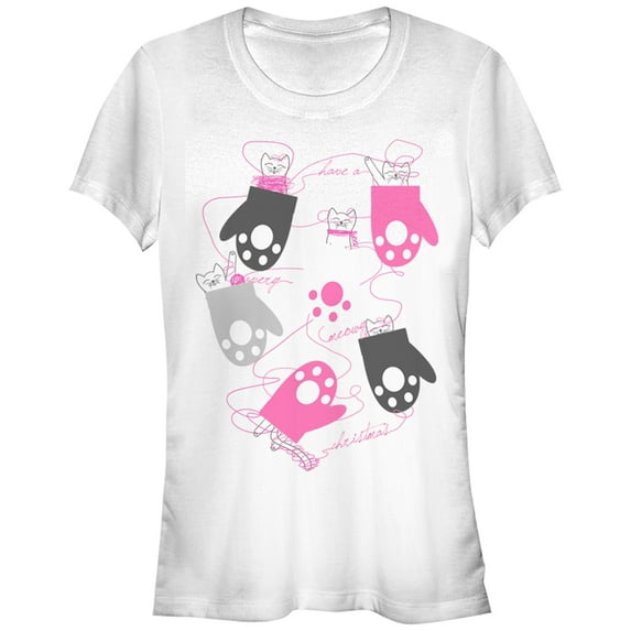 Junior's Lost Gods Christmas Kittens in Mittens Graphic Tee White 2X Large