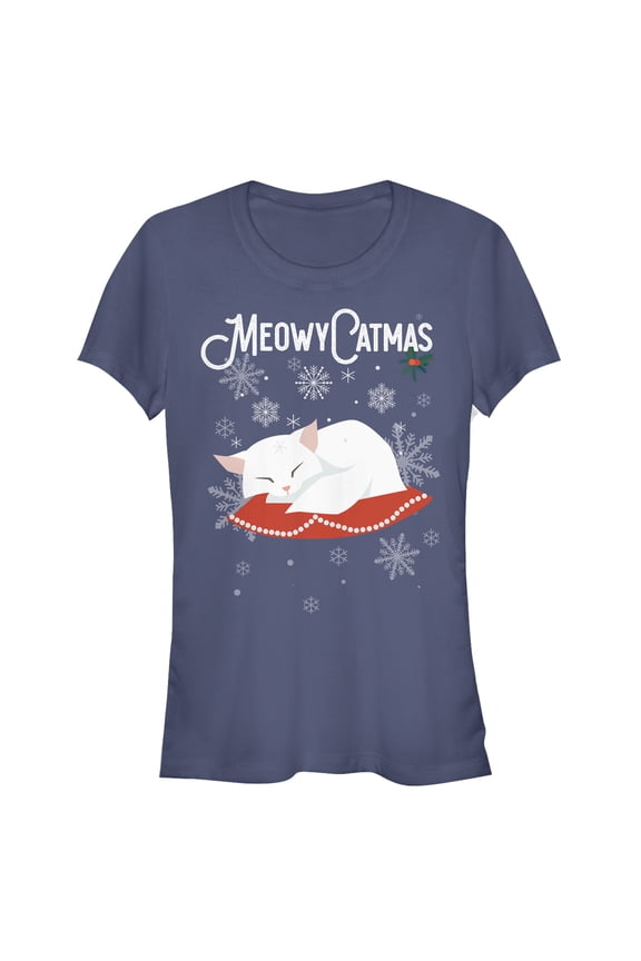 Junior's Lost Gods Christmas Meowy Kitten Pillow Graphic Tee Navy Blue Medium