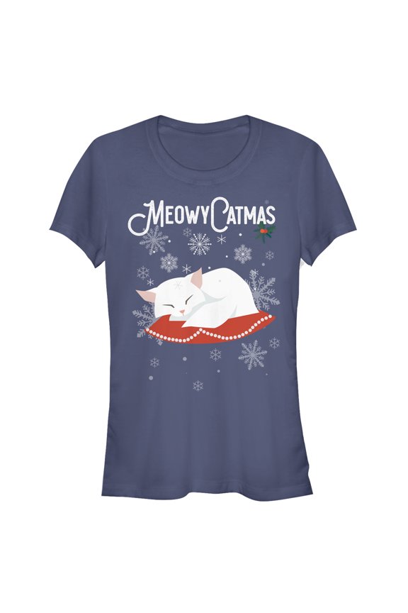 Junior's Lost Gods Christmas Meowy Kitten Pillow  Graphic Tee Navy Blue Small