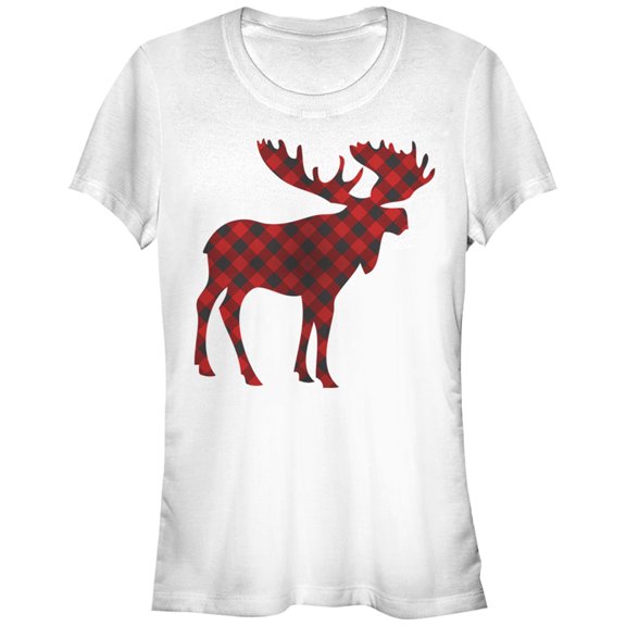 Junior's Lost Gods Christmas Plaid Moose Graphic Tee White Small