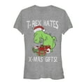 thumbnail image 1 of Junior's Lost Gods Christmas T-Rex Hates Gifts  Graphic Tee Athletic Heather Medium, 1 of 2