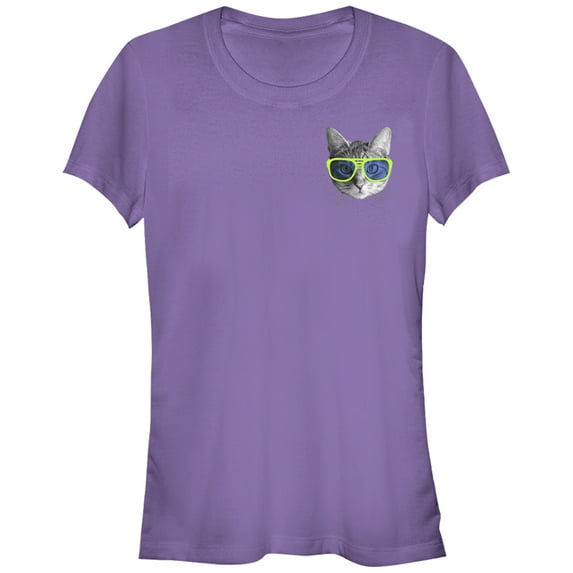 Junior's Lost Gods Cool Cat in Sunglasses Graphic Tee Purple Medium