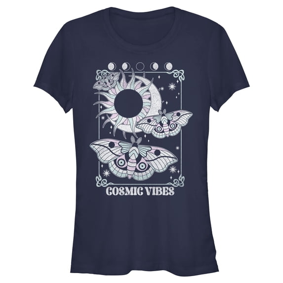 Junior's Lost Gods Cosmic Vibes Moths Graphic Tee Navy Blue Medium