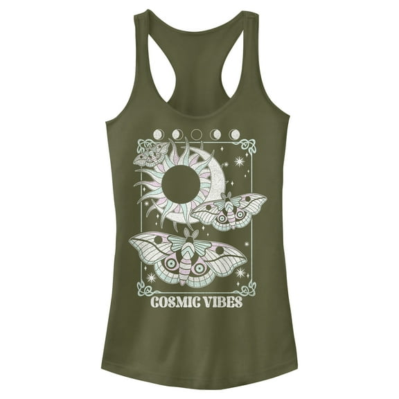 Junior's Lost Gods Cosmic Vibes Moths Racerback Tank Top Military Green X Small