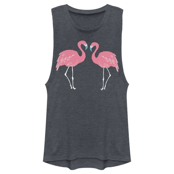 Junior's Lost Gods Couple Pink Flamingos  Festival Muscle Graphic Tee Denim Blue Heather Small