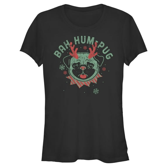 Junior's Lost Gods Distressed Bah Hum-Pug Graphic Tee Black Small