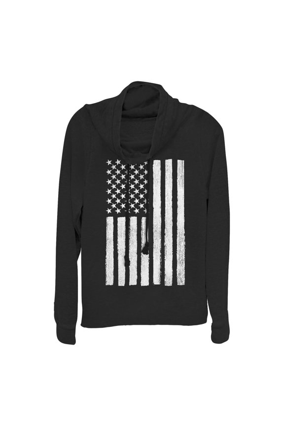 Junior's Lost Gods Distressed Black and White American Flag  Cowl Neck Sweatshirt