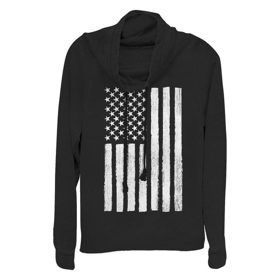 Junior's Lost Gods Distressed Black and White American Flag Cowl Neck Sweatshirt