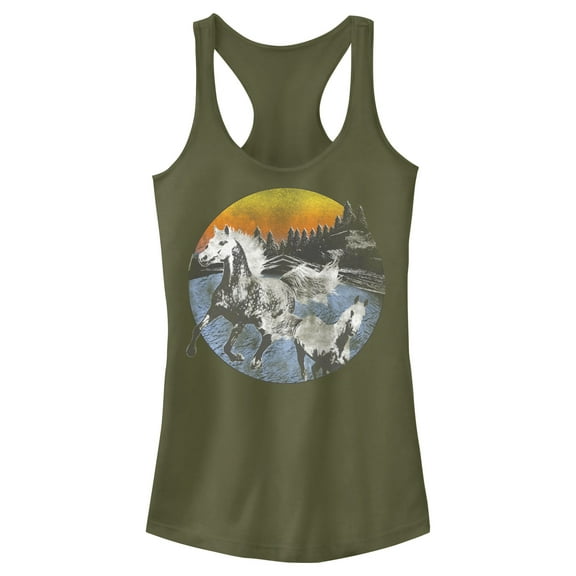 Junior's Lost Gods Distressed Circle Horse Landscape  Racerback Tank Top Military Green 2X Large