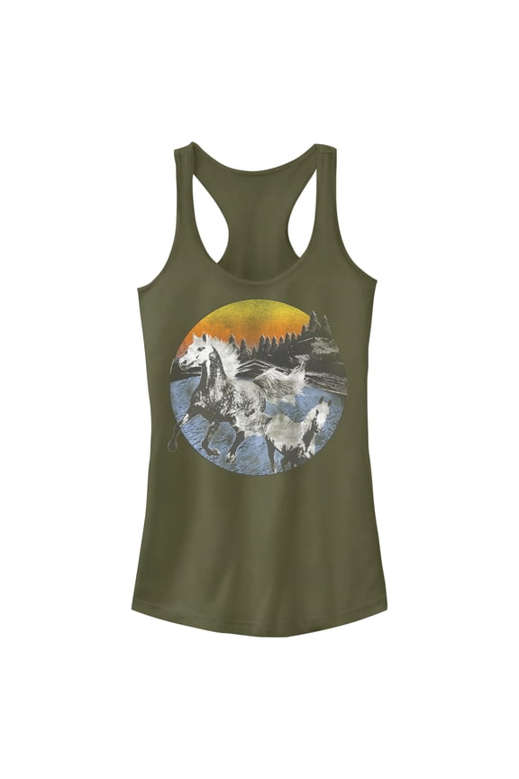 Junior's Lost Gods Distressed Circle Horse Landscape Racerback Tank Top Military Green Medium