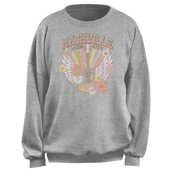 Junior's Lost Gods Distressed Nashville Music City Wings Sweatshirt Heather Gray X Small