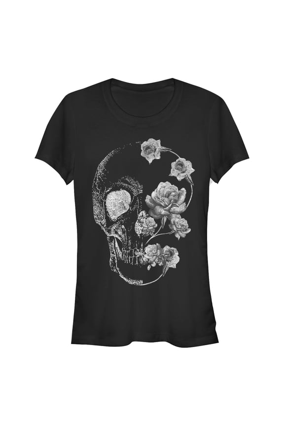 Junior's Lost Gods Distressed Skull Rose Graphic T-Shirt