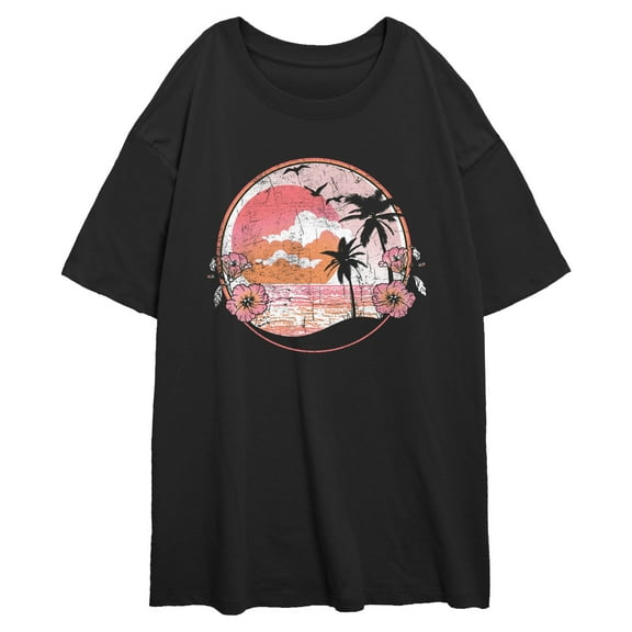 Junior's Lost Gods Distressed Tropical Scene Graphic Oversized T-Shirt
