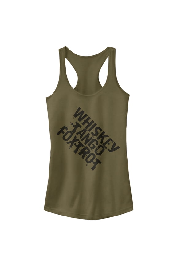 Junior's Lost Gods Distressed Whiskey Tango Foxtrot Racerback Tank Top Military Green Medium