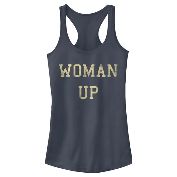Junior's Lost Gods Distressed Woman Up Racerback Tank Top Indigo Large