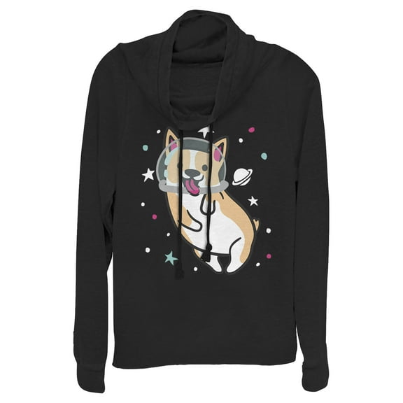 Junior's Lost Gods Dog Astronaut Space Corgi  Cowl Neck Sweatshirt Black 2X Large