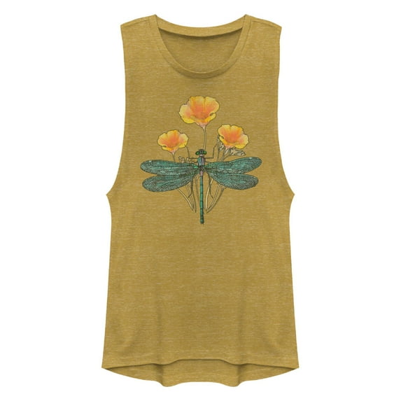 Junior's Lost Gods Dragonfly Poppies Festival Muscle Graphic T-Shirt