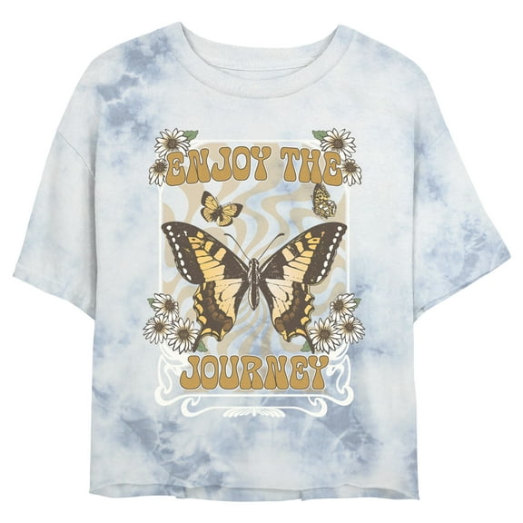 Junior's Lost Gods Enjoy the Journey Butterfly Graphic Crop T-Shirt White/Blue Small