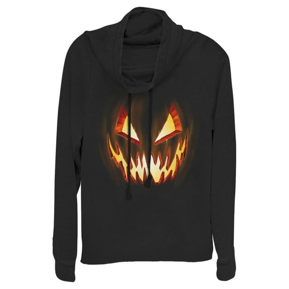 Junior's Lost Gods Evil Pumpkin Face  Cowl Neck Sweatshirt Black Small