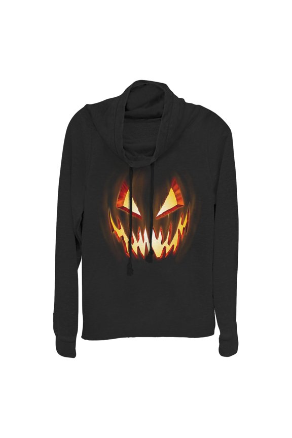 Junior's Lost Gods Evil Pumpkin Face Cowl Neck Sweatshirt Black Small
