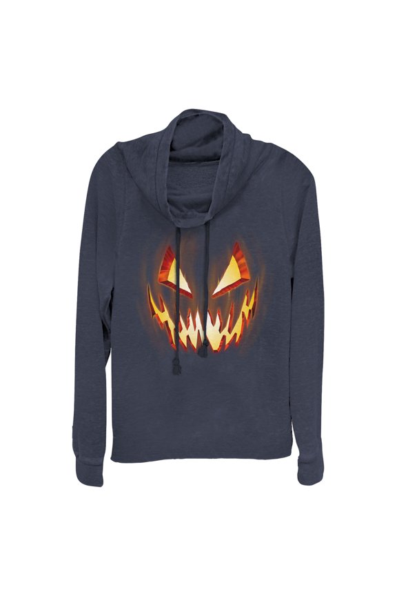 Junior's Lost Gods Evil Pumpkin Face Cowl Neck Sweatshirt Navy Blue Large