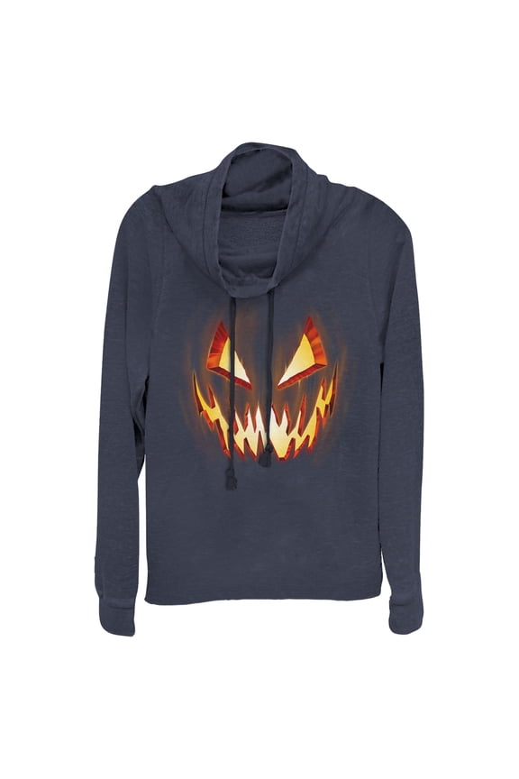 Junior's Lost Gods Evil Pumpkin Face Cowl Neck Sweatshirt Navy Blue Medium