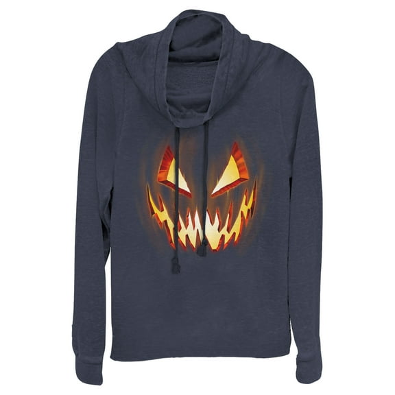 Junior's Lost Gods Evil Pumpkin Face  Cowl Neck Sweatshirt Navy Blue Small