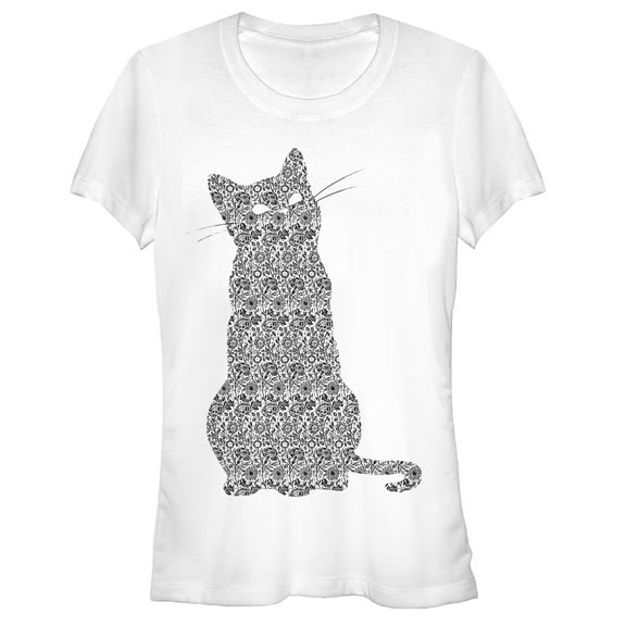 Junior's Lost Gods Floral Print Cat  Graphic Tee White Medium