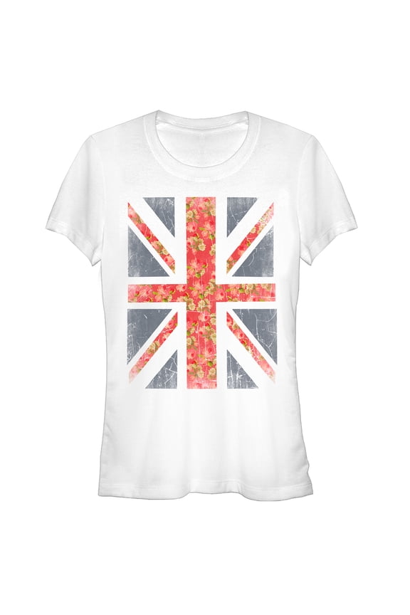 Junior's Lost Gods Floral Print Union Jack Graphic Tee White Small