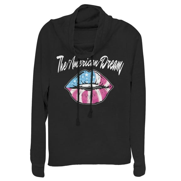Junior's Lost Gods Fourth of July American Dream Lips Cowl Neck Sweatshirt Black Medium