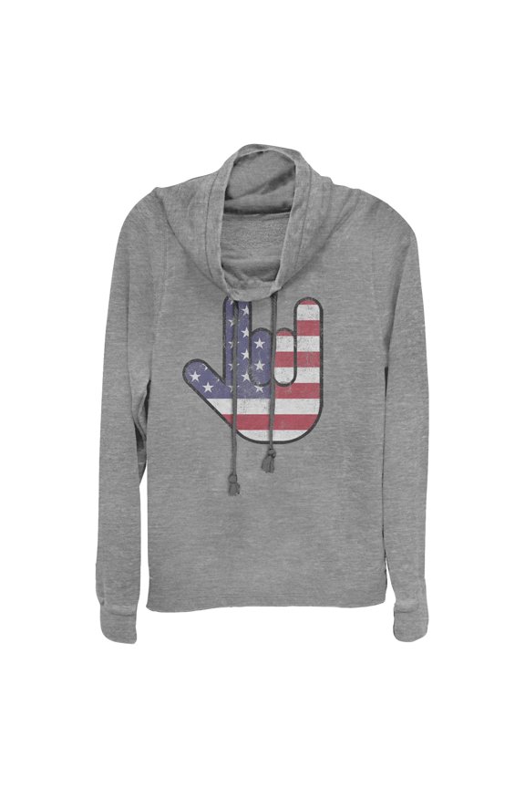 Junior's Lost Gods Fourth of July American Love Sign  Cowl Neck Sweatshirt
