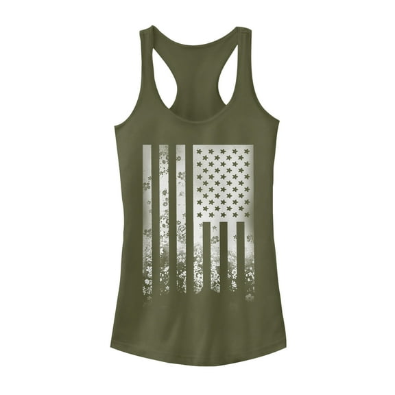 Junior's Lost Gods Fourth of July  Flower Flag  Racerback Tank Top Military Green Medium