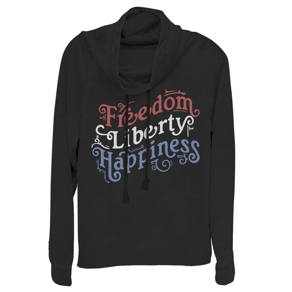 Junior's Lost Gods Fourth of July Freedom Script Cowl Neck Sweatshirt Black Small