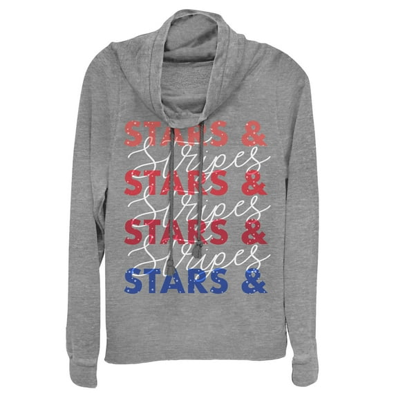 Junior's Lost Gods Fourth of July Stars & Stripes Repeat Cowl Neck Sweatshirt Gray Heather 2X Large