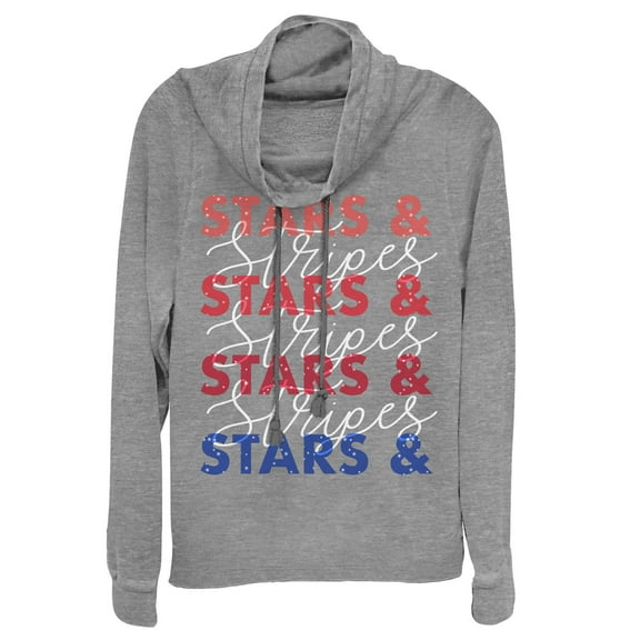 Junior's Lost Gods Fourth of July Stars & Stripes Repeat Cowl Neck Sweatshirt Gray Heather 3X Large