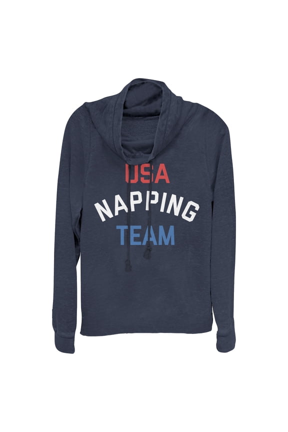 Junior's Lost Gods Fourth of July USA Napping Team Cowl Neck Sweatshirt Navy Blue Medium