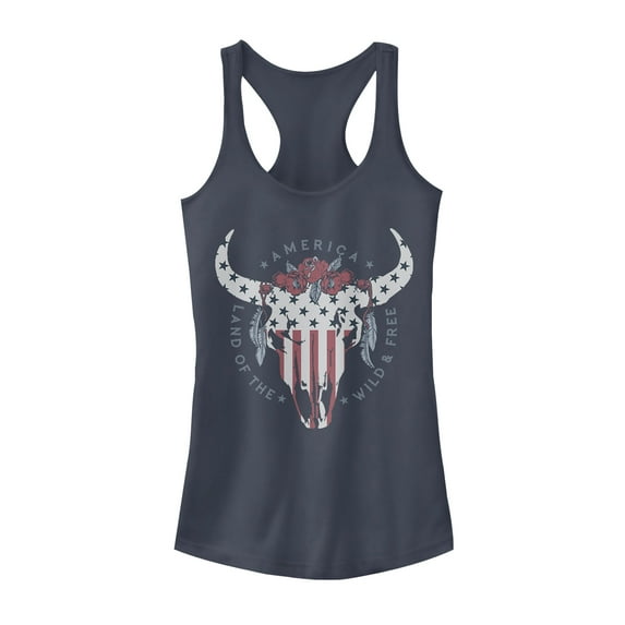 Junior's Lost Gods Fourth of July Wild & Free Skull Racerback Tank Top Indigo X Large