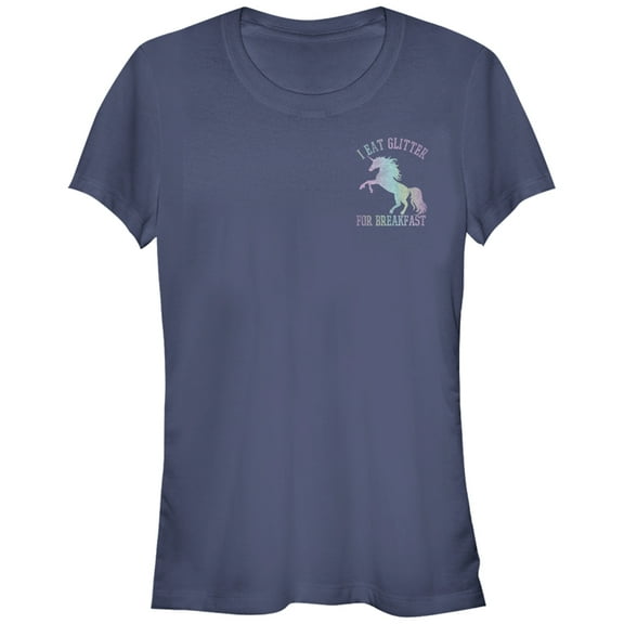 Junior's Lost Gods Glitter Breakfast Unicorn  Graphic Tee Navy Blue Medium