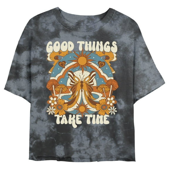 Junior's Lost Gods Good Things Take Time Boho Butterfly Graphic Crop T-Shirt Black/Charcoal Small