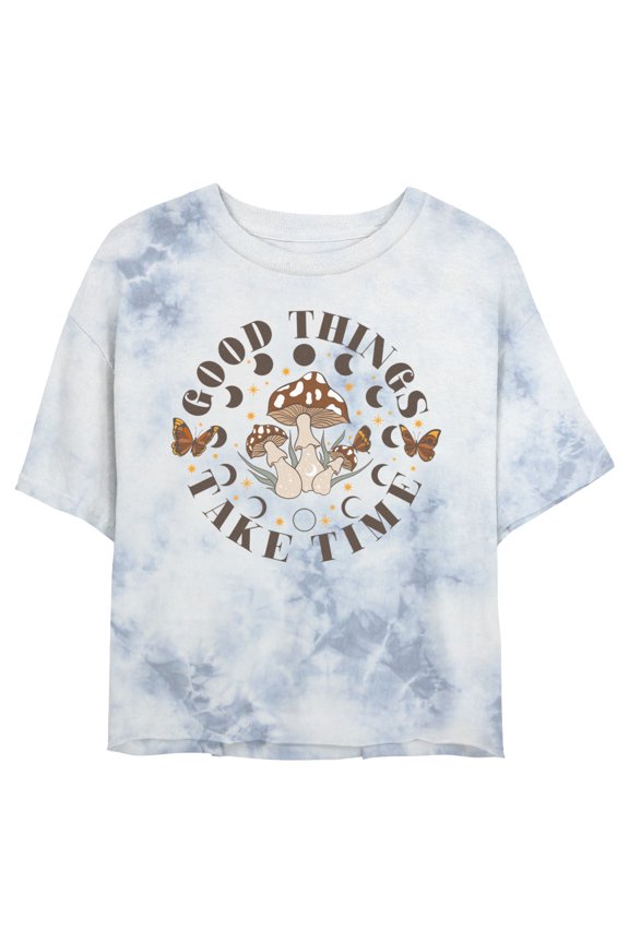 Junior's Lost Gods Good Things Take Time Mushrooms Graphic Crop T-Shirt White/Blue Small